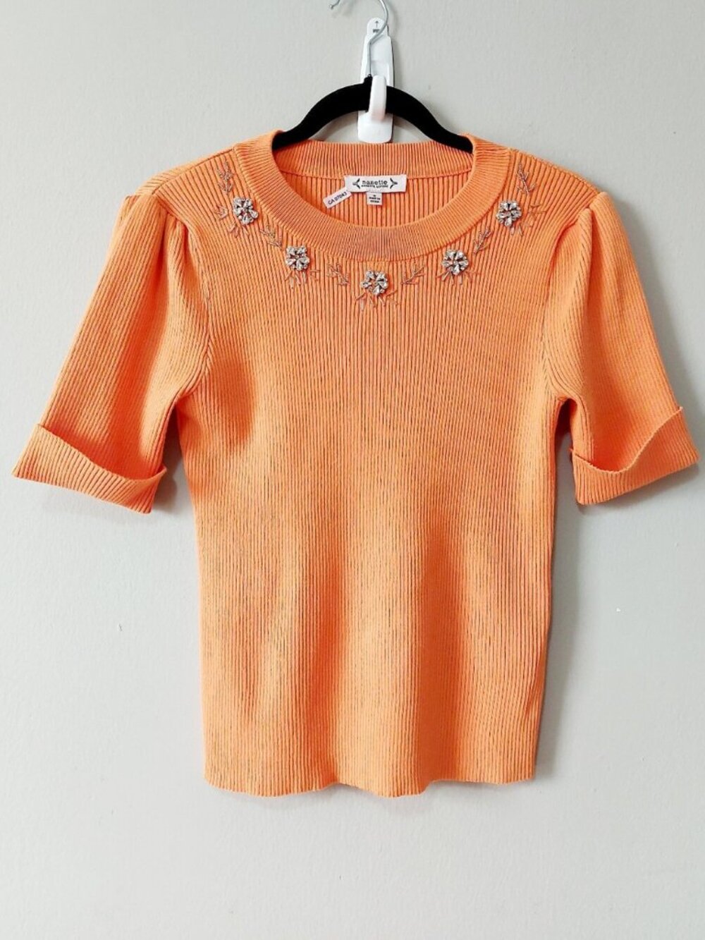 Nanette Lepore Cotton Crystal Embellished Ribbed Short Sleeve Top Small Orange